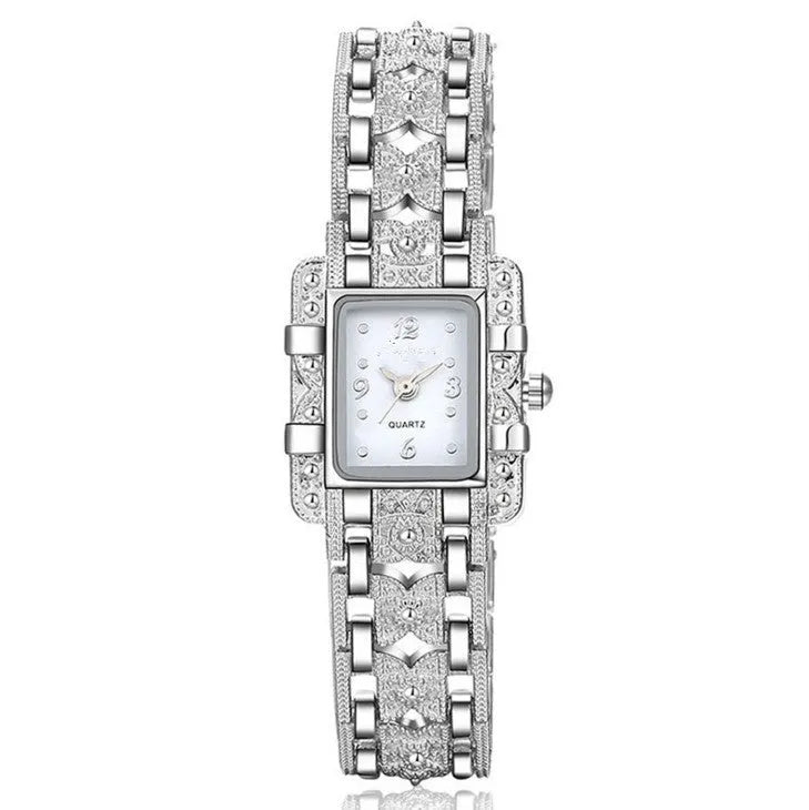 Women's square bracelet watch with black dial surface on display in OPP packaging