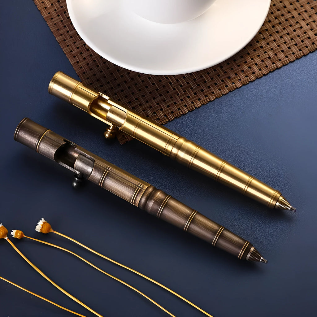 Brass tactical pen with retro colour and bolt-action press mechanism