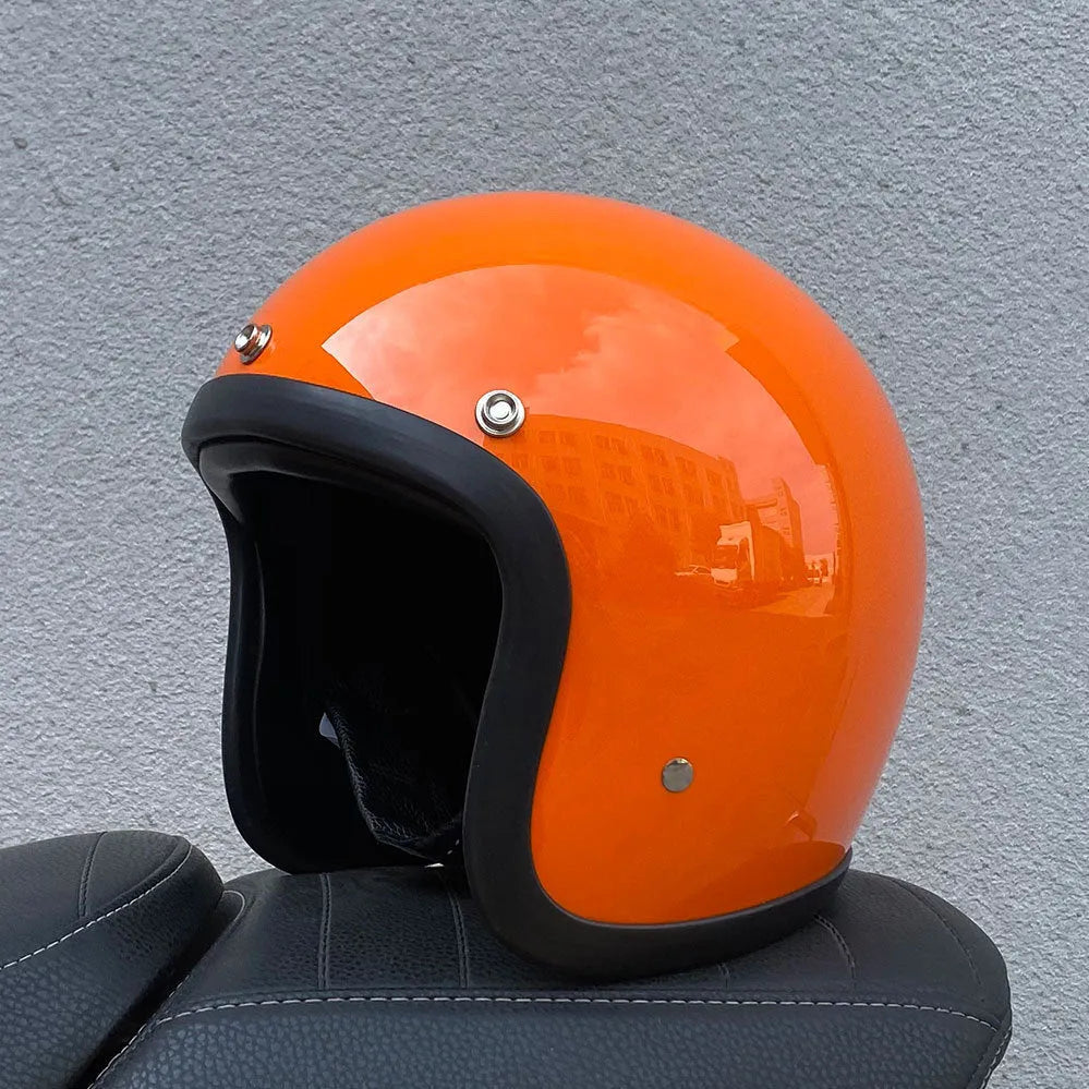 Retro-style glass fibre motorcycle half helmet shown in multiple colour options for adult commuters