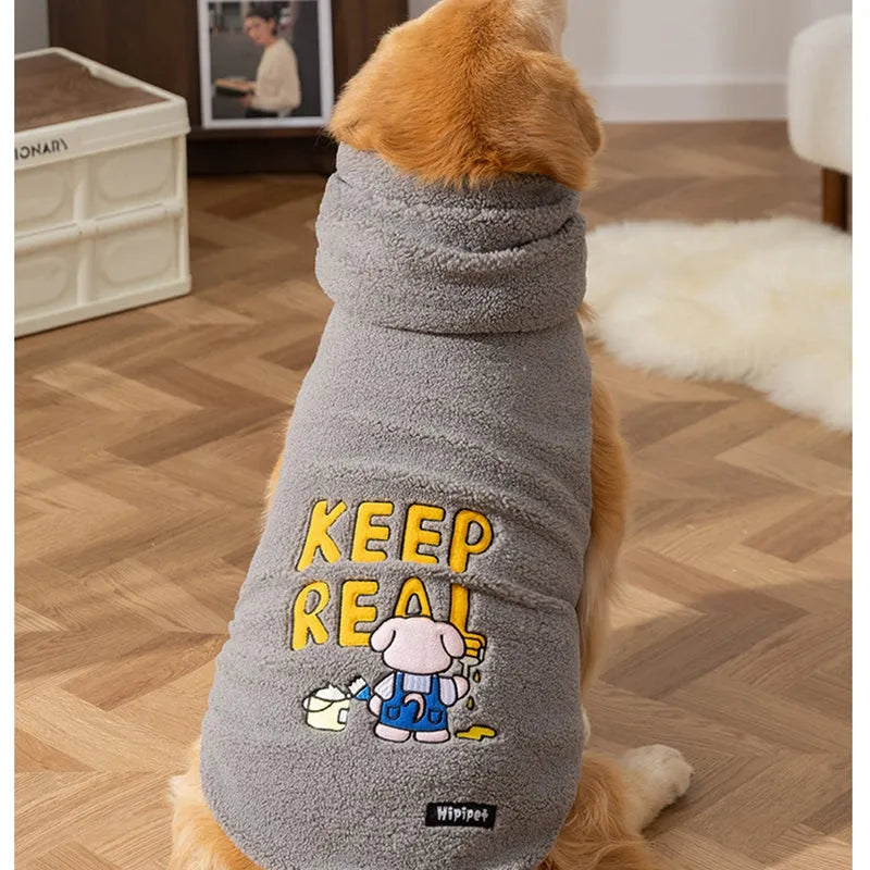 Beige Sherpa dog vest with bear pattern for large dogs on a grey background