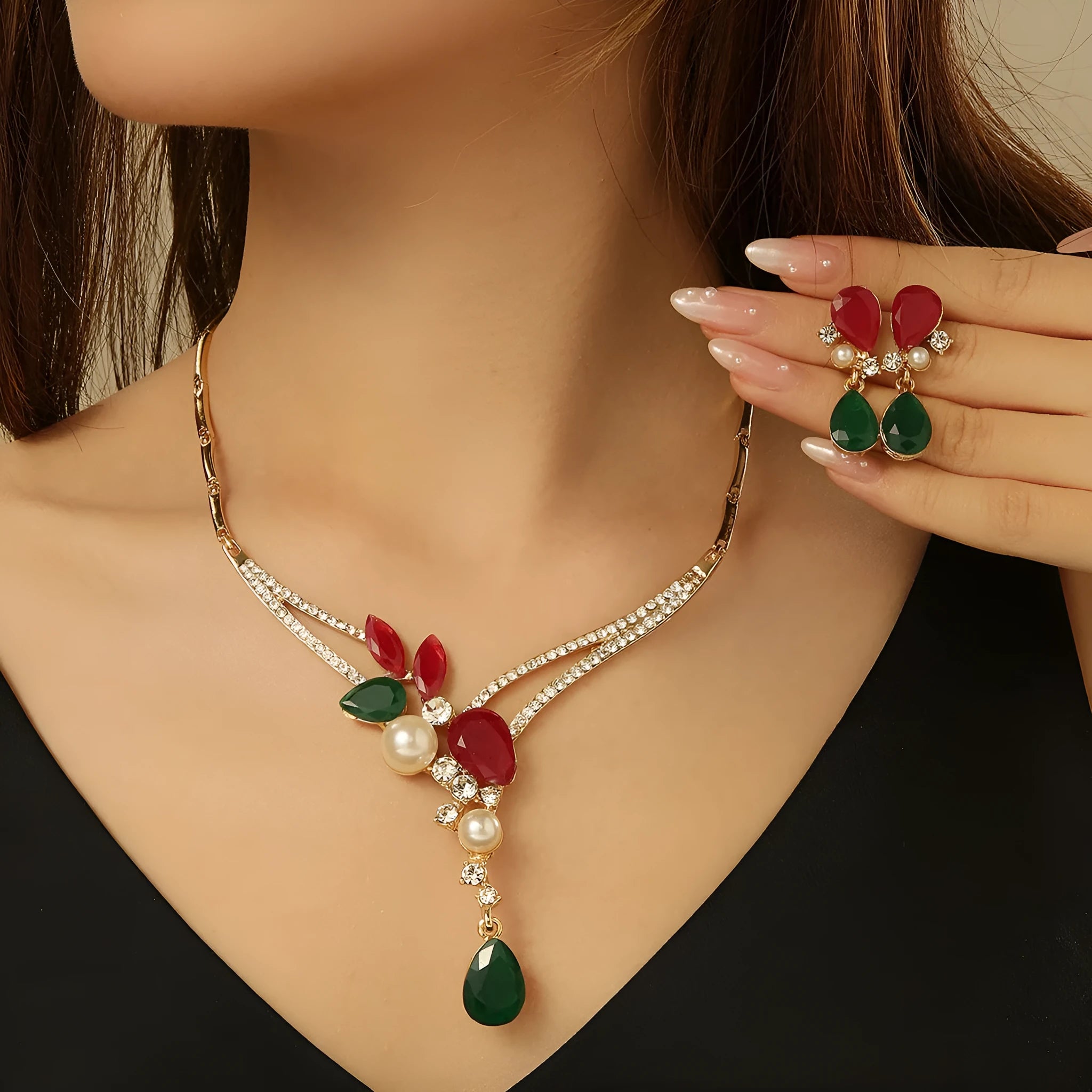 Colourful Indian style alloy pearl earrings and necklace set for women