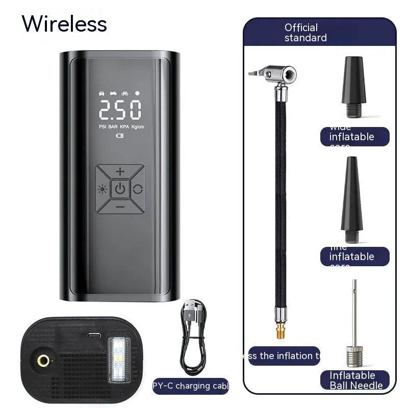 Portable wireless car tyre pump with digital display showing pressure reading