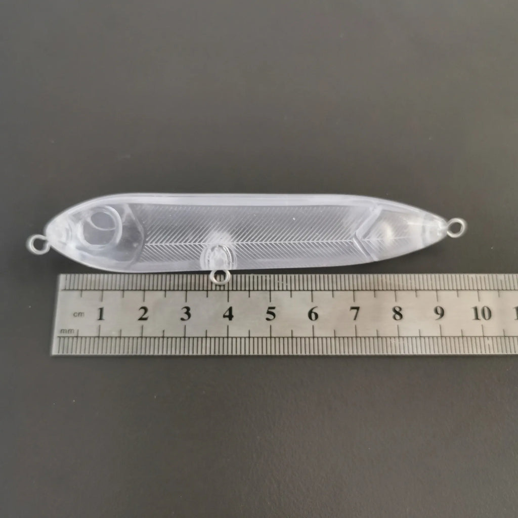 Transparent plastic DIY blank fishing lure body measuring 9.5cm long with a 7mm eye socket.