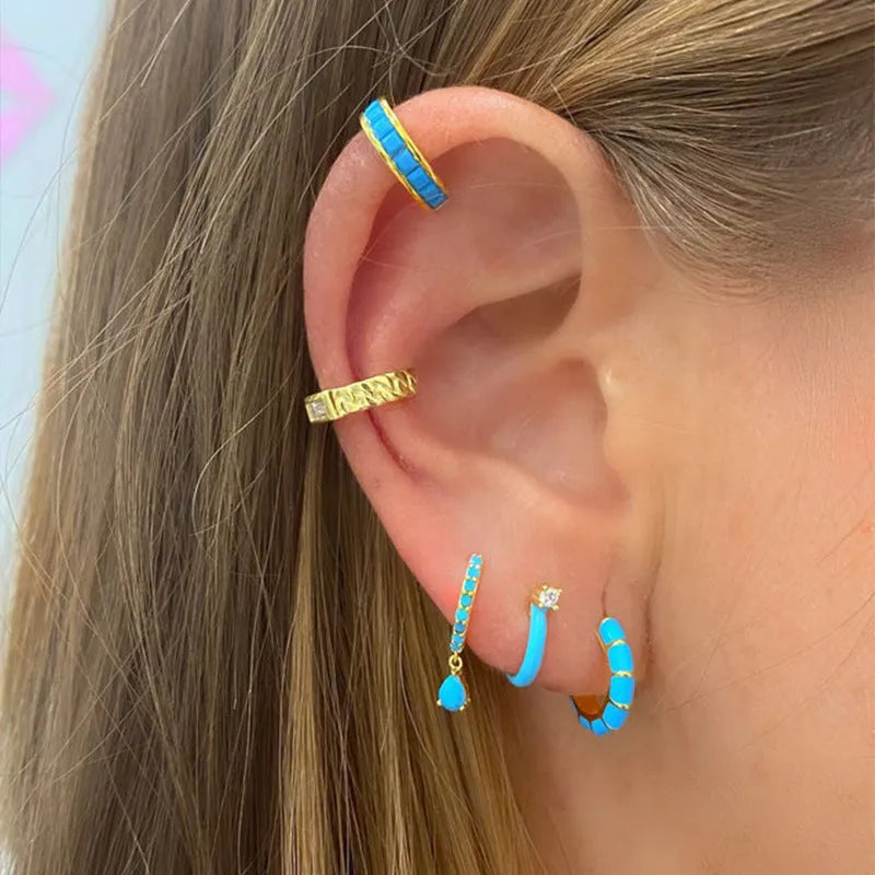 Diamond-embedded hand-dripping oil earrings with silver needle copper and geometric design in six colours