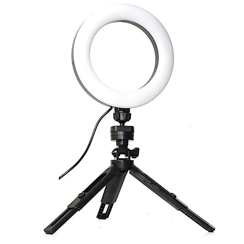 Black desktop smartphone streaming bracket with adjustable fill light on tripod mount