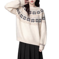 Women's Milky White vintage Fair Isle geometric pattern knit pullover sweater with long sleeves.