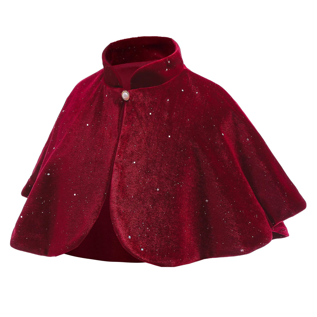 Girl's burgundy cape cloak with cotton lining, single-button closure, for autumn and winter, suitable height 100-150cm
