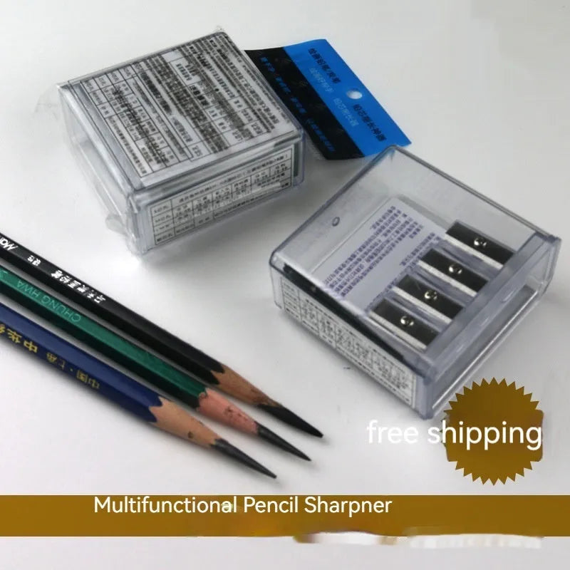 Four-hole plastic pencil sharpener with geometric boxed design and screwdriver