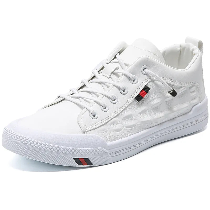 Men's white lace-up casual sneakers with PU leather upper and round toe