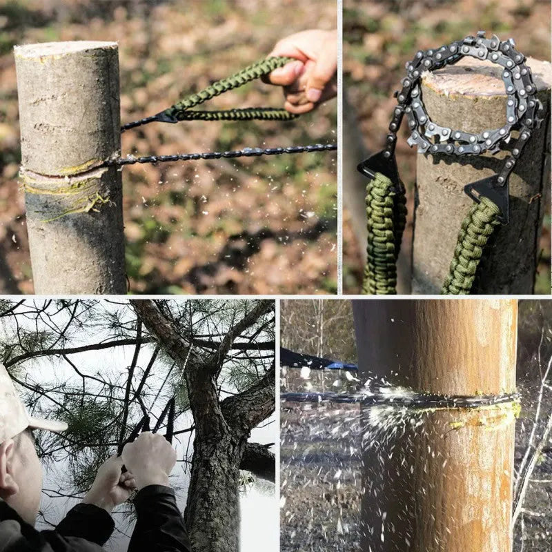 Army Green braided rope pocket saw fully extended to 103 cm length on outdoor ground surface