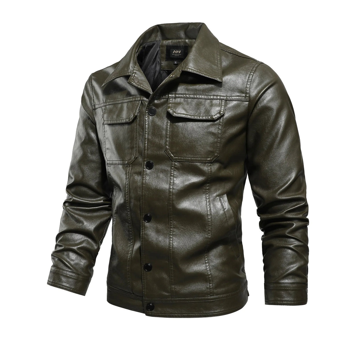 Men's spring autumn polyester workwear leather jacket black front view