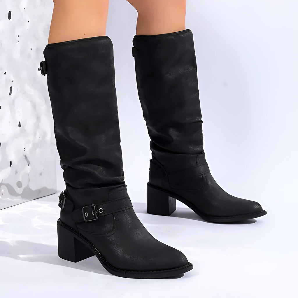 Black women's buckle chunky heel ankle boots with pointed toe, 6-8cm high heel and high cylinder shaft.