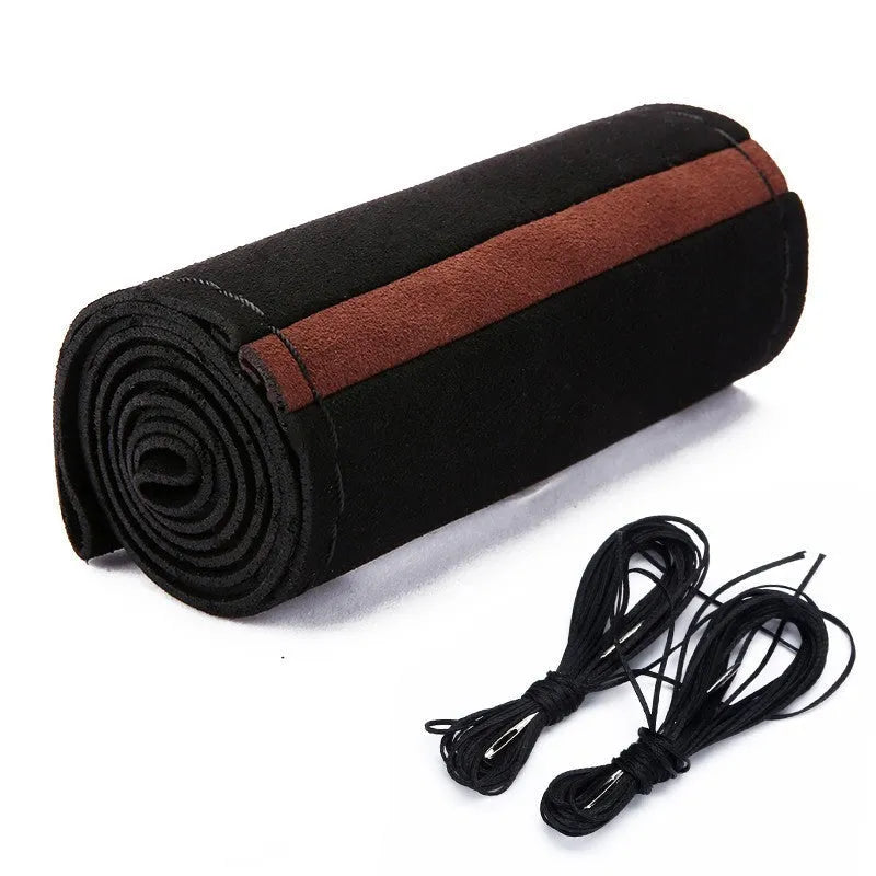 Black suede and microfiber steering wheel cover fitting 38cm diameter steering wheel