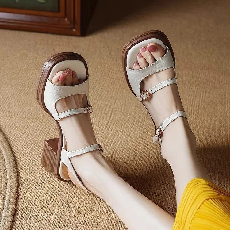 Women's retro platform sandals with square toe open design in brown colour