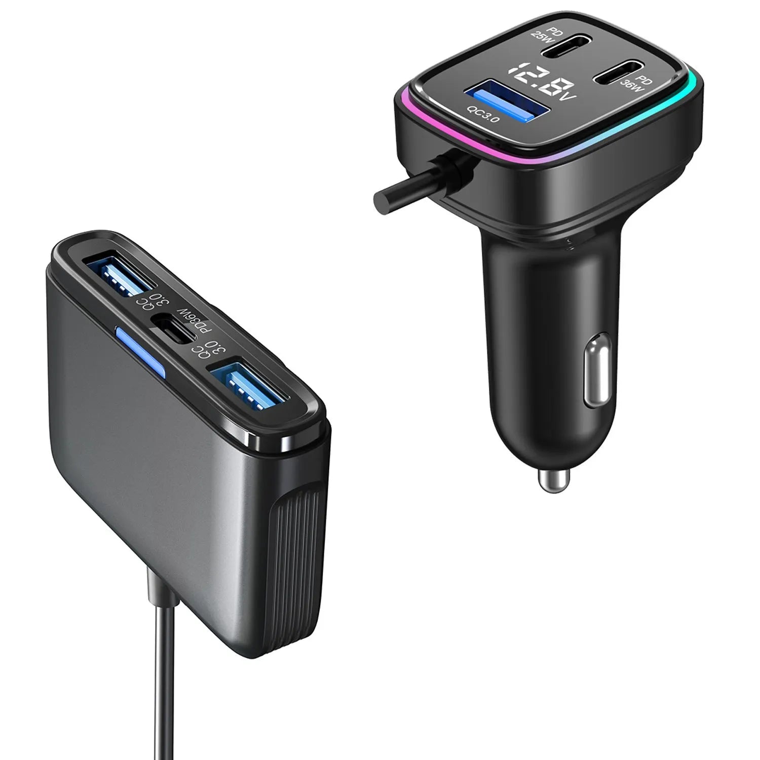 115W fast charge car charger Model GE01 in black ABS PC casing