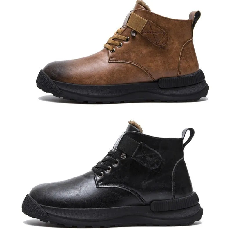 Men's black high-top platform Martin boots with velvet and PU upper on a rubber sole.