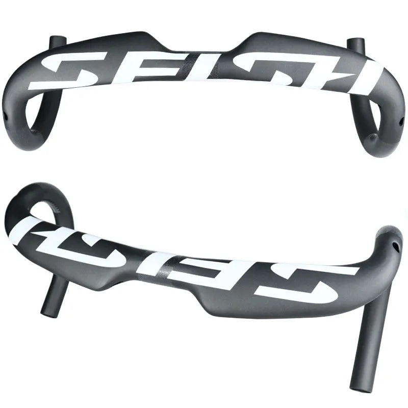 Carbon fibre road bicycle drop handlebar shown in a choice of colours and multiple width sizes.