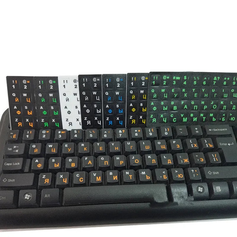 Russian language PVC keyboard film for 14 inch laptop, black base with orange letters