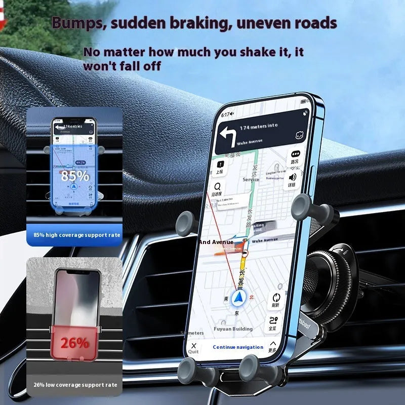 Universal anti-shake alloy car gravity bracket for air outlet, shown in black, grey, or silver