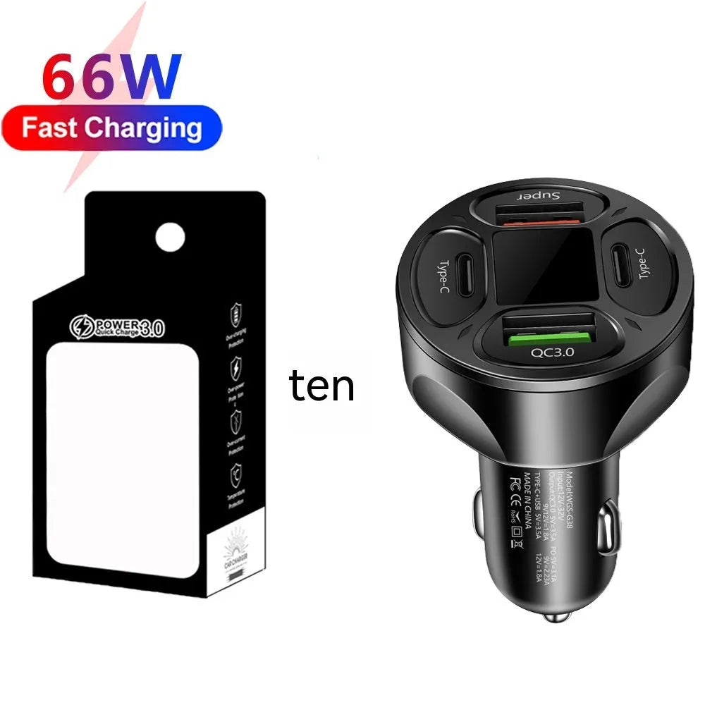 66W car charger with digital display showing 2 USB and 2 Type-C ports