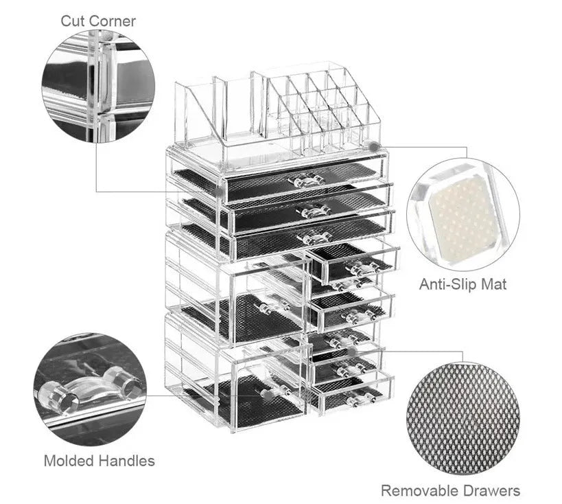 Acrylic three-layer cosmetics storage box in transparent finish with organised compartments on a dressing table