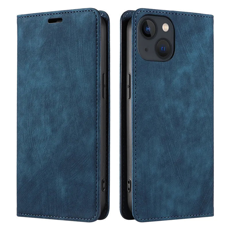 Magnetic flip leather phone case for iPhone in black, showing closed cover with magnetic clasp.
