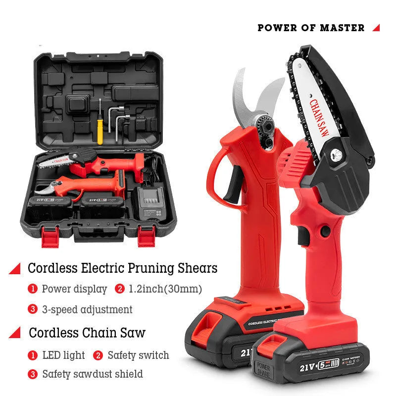 Red rechargeable electric branch shears and electric chainsaw pruning set with plastic box, 220V US outlet option