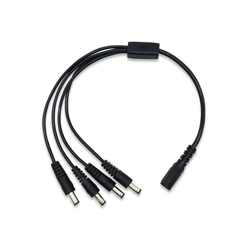 Black DC monitoring power cord with one input and four output connectors for security cameras