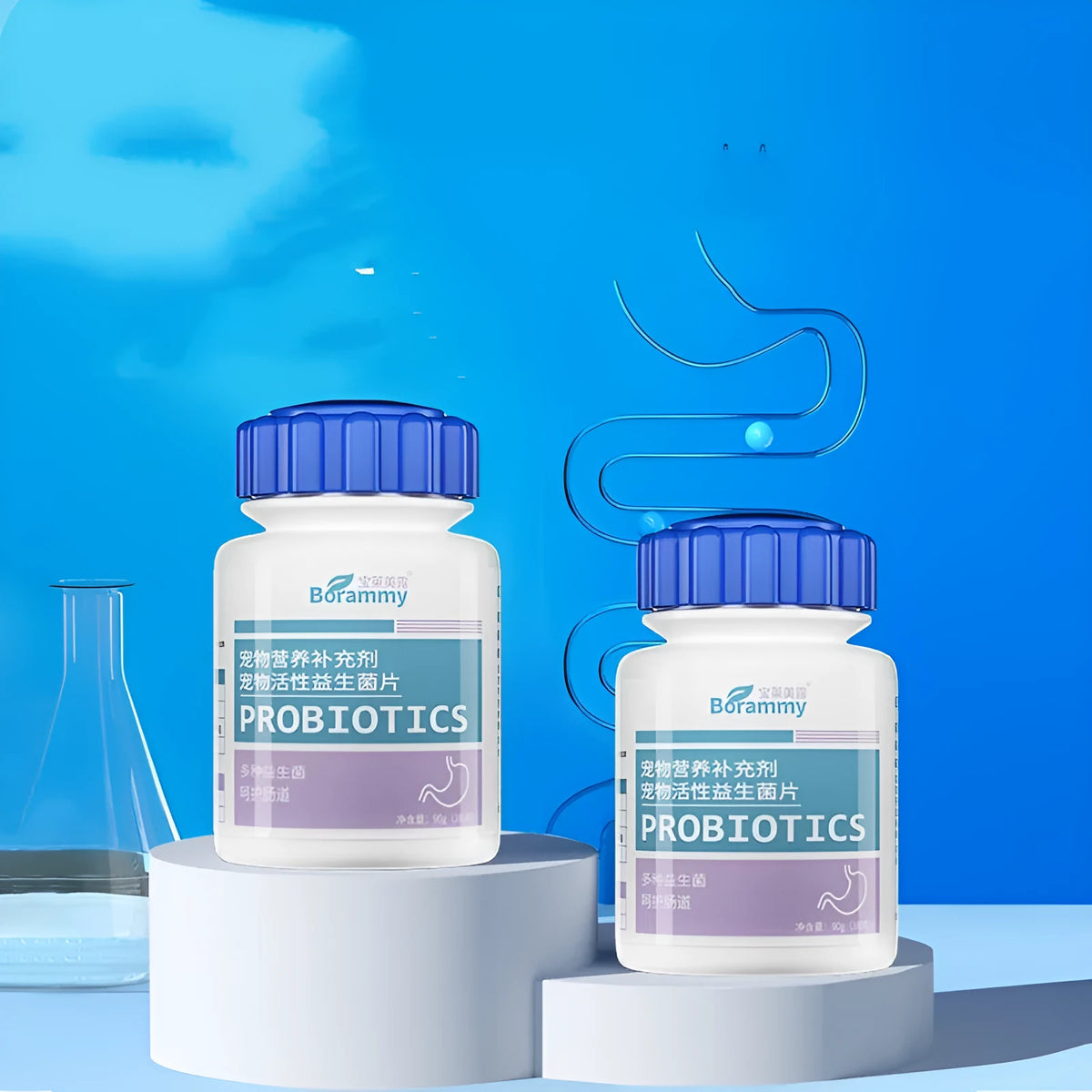 Bottle of pet probiotic tablets containing 180 tablets with 12 billion CFU per tablet for cats and dogs