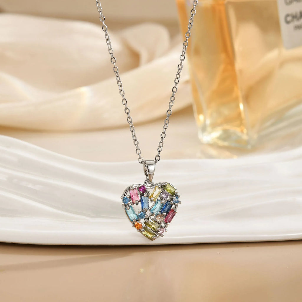 Women's copper heart pendant necklace with zircon centre electroplated finish O-ring chain gold blue colour option