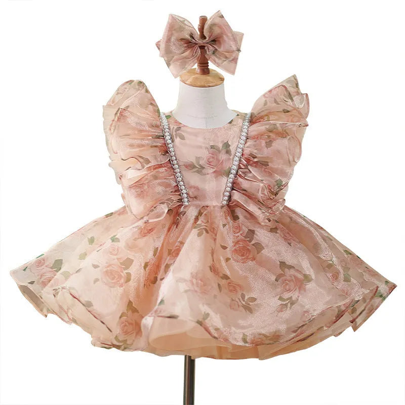Girls' Super Mori pettiskirt dress in picture colour with matching headpiece, available in heights 80cm to 160cm