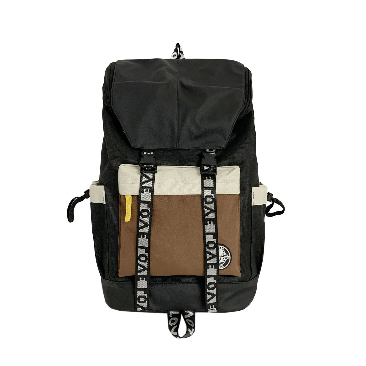 Oxford cloth backpack shown in black, green or red with handheld and shoulder straps.