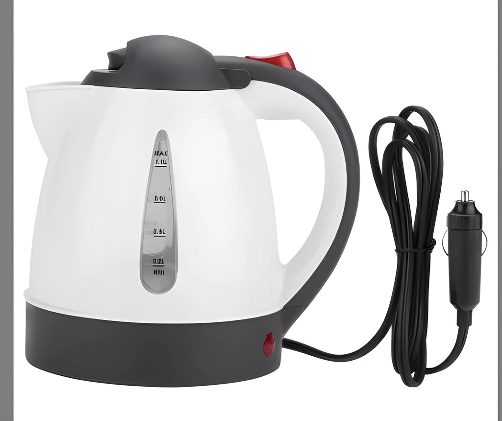Travel kettle for vehicle use with 1000ml capacity and 12V power option