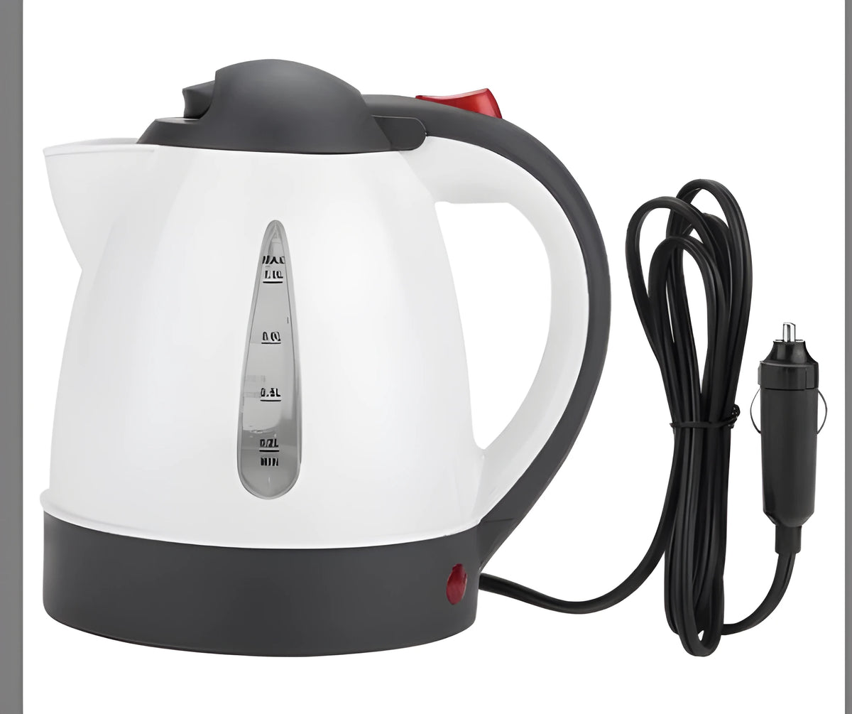 Travel kettle for vehicle use with 1000ml capacity and 12V power option