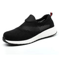 Men's steel toe work shoes with mesh upper in black, blue, and red colour options