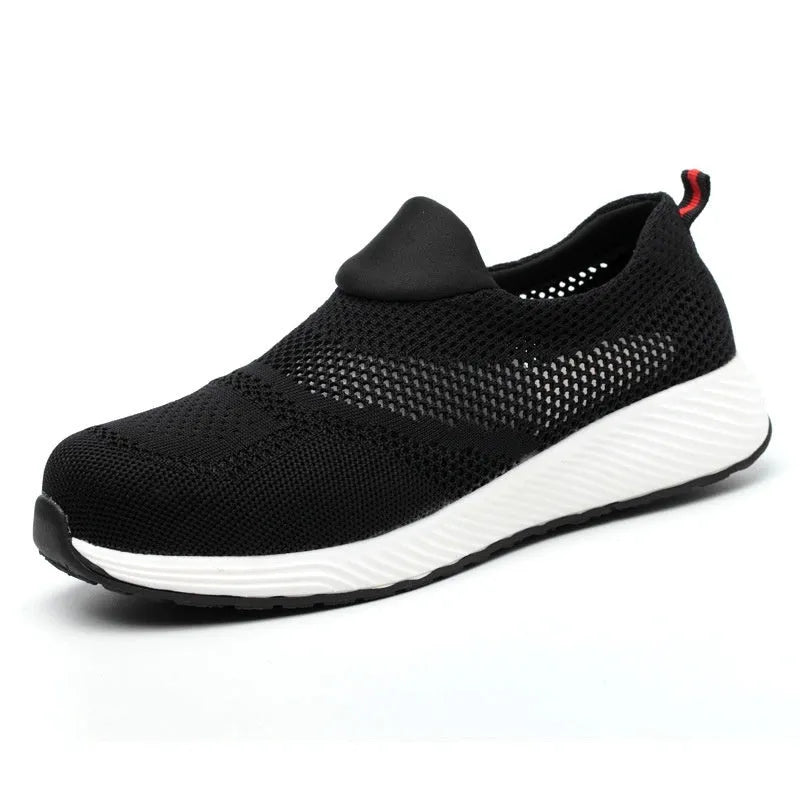Men's steel toe work shoes with mesh upper in black, blue, and red colour options