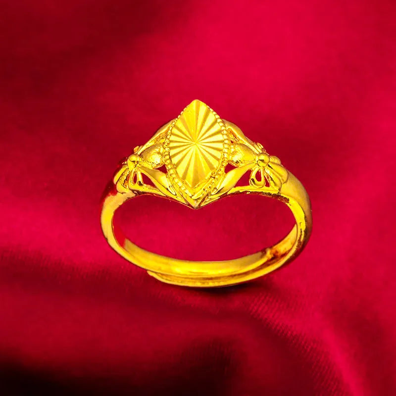 Alluvial gold open flower ring for girls featuring geometric texture and adjustable brass band