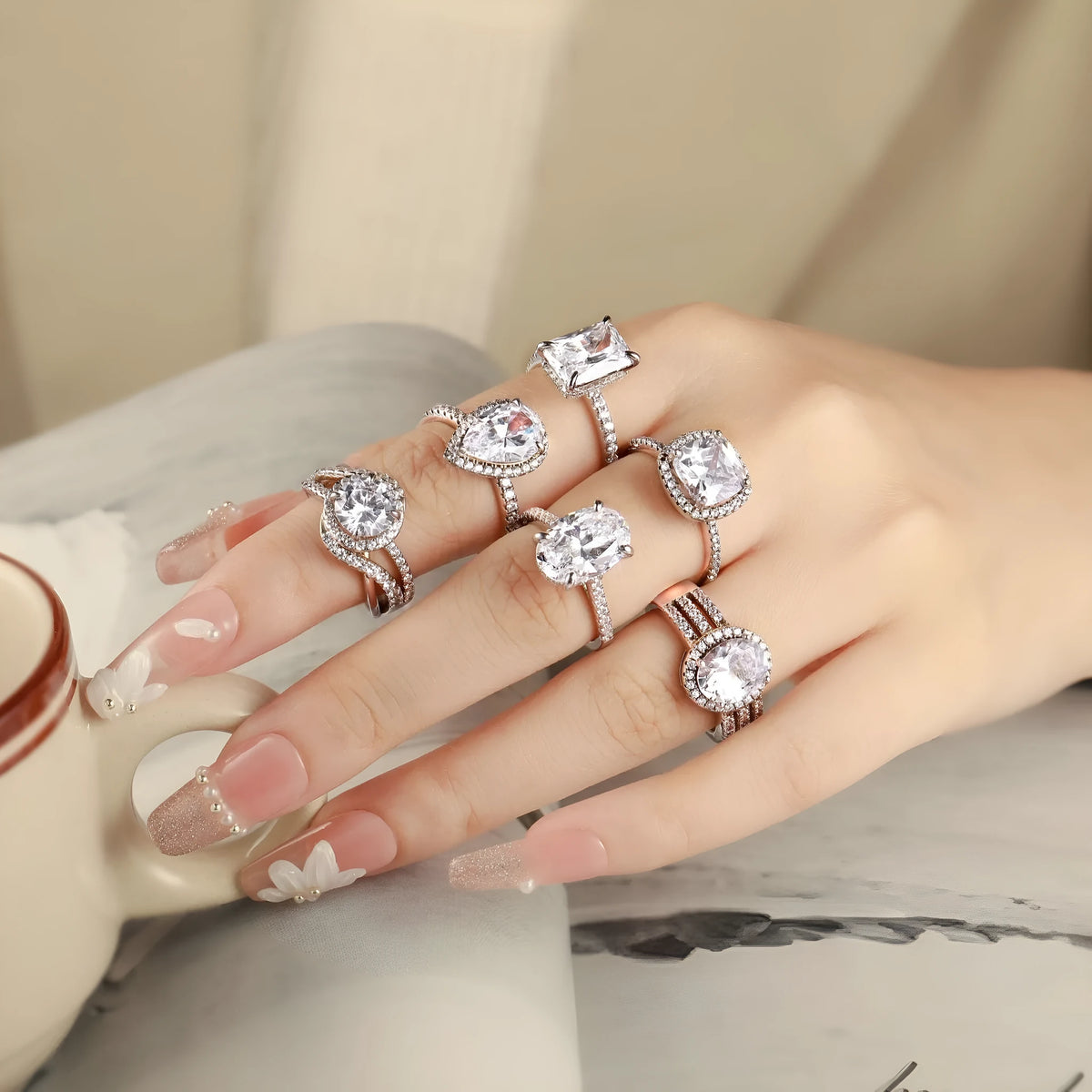 Silver oval inlaid zircon ring for women on white background US sizes 5 to 10