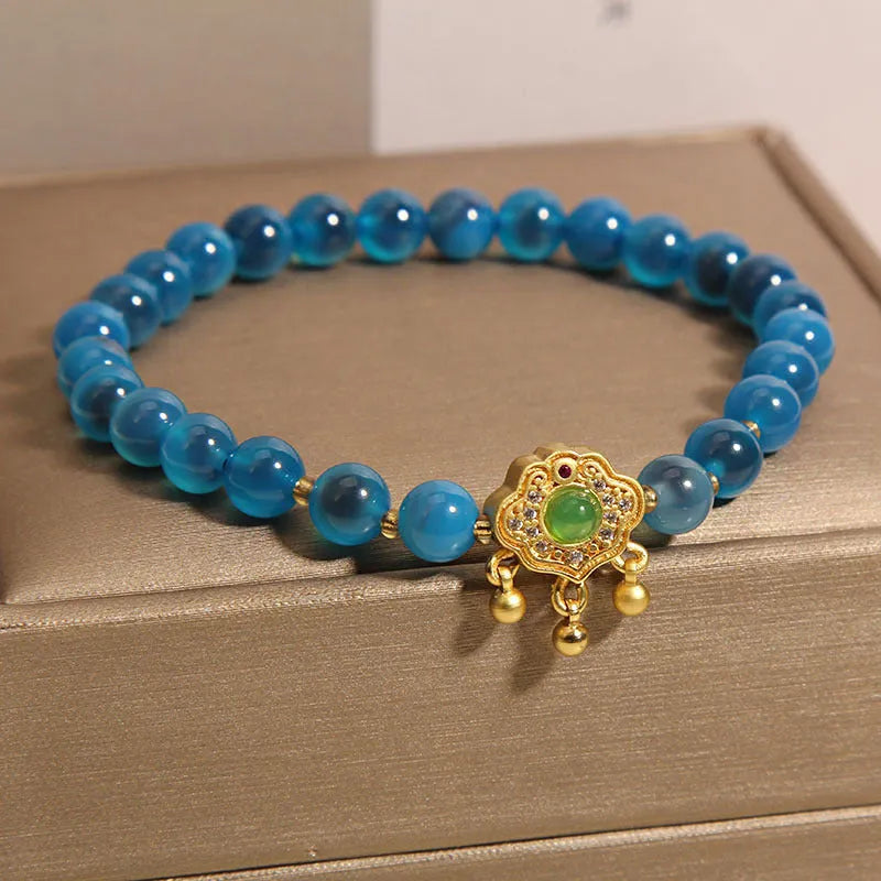 Blue sugar heart agate jade safety lock pendant women's bracelet with rhinestones and alloy inlay
