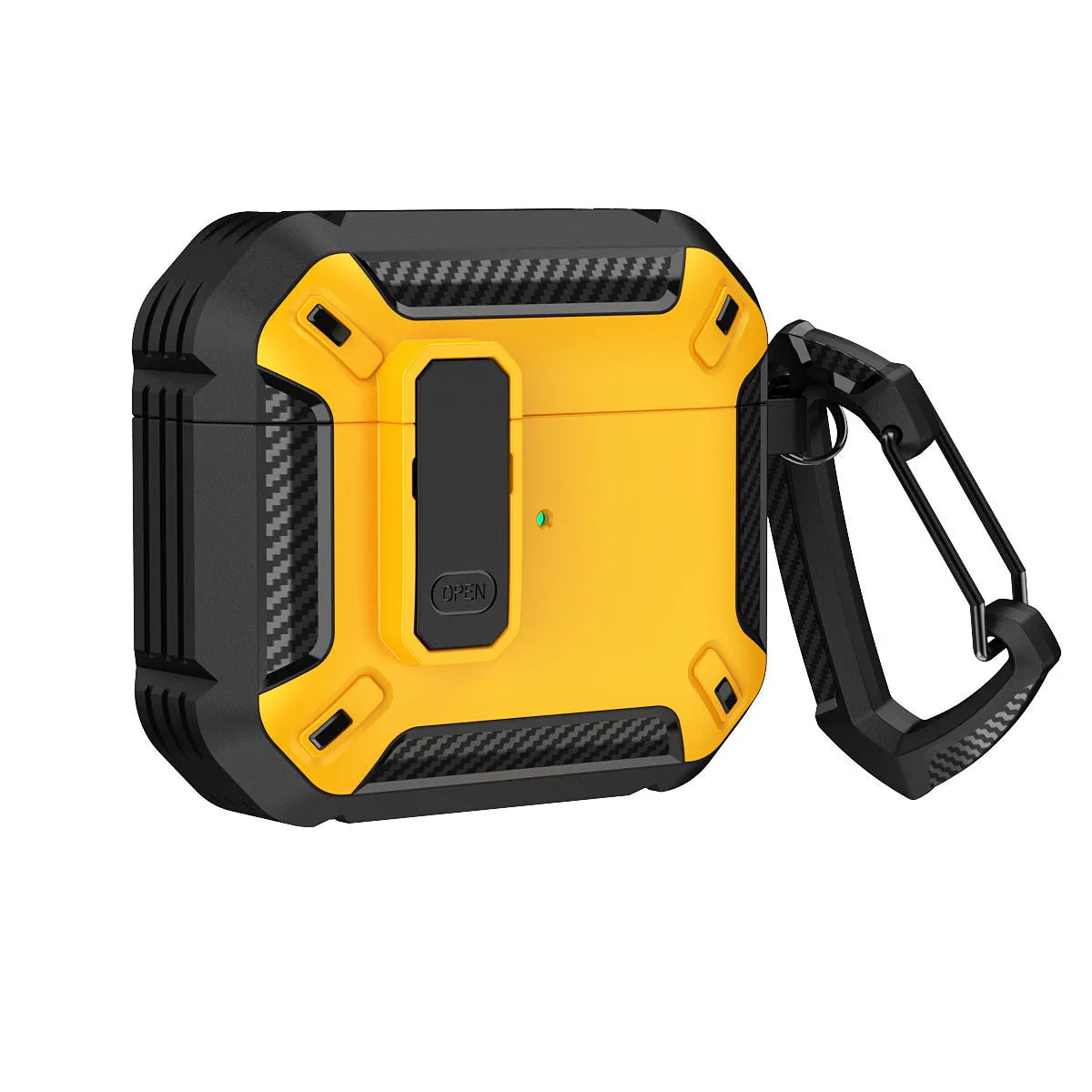 Two-tone black and yellow plastic AirPods protective case with a metal hook attached.