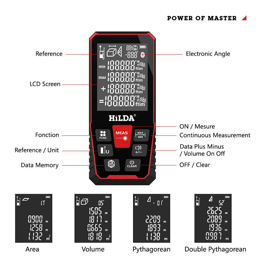 Handheld plastic laser rangefinder for distance measurement up to 120 metres.