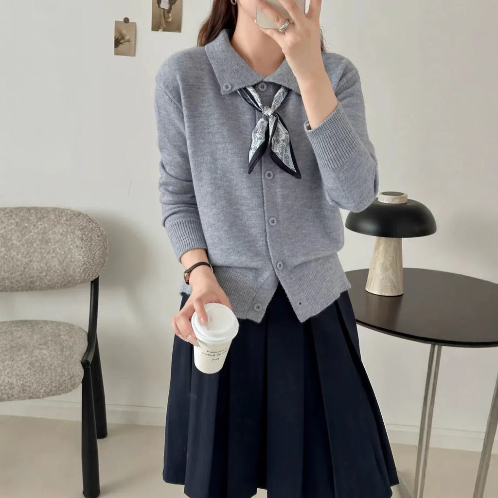 Lapel collar open front cardigan sweater in milky white acrylic knit