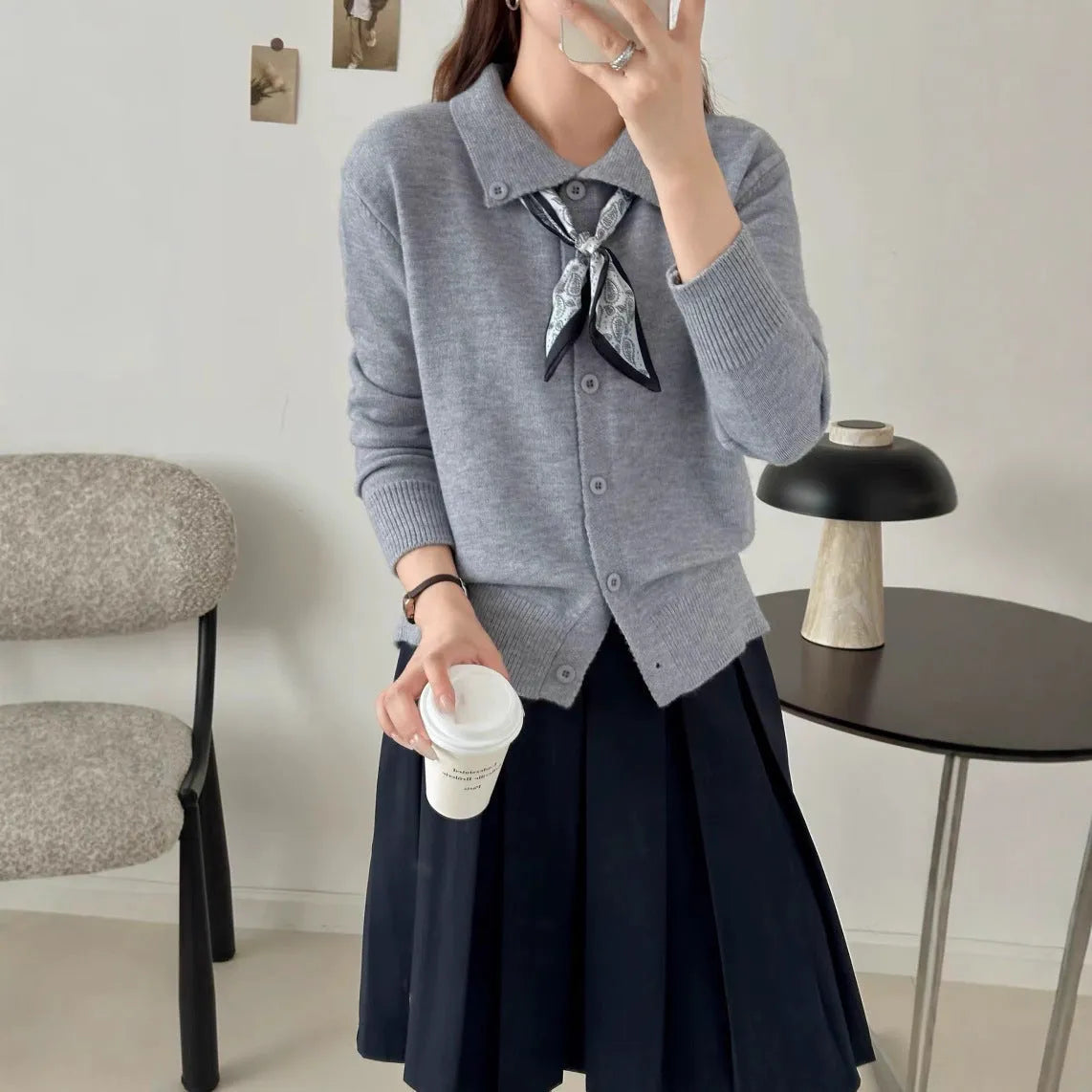 Lapel collar open front cardigan sweater in milky white acrylic knit