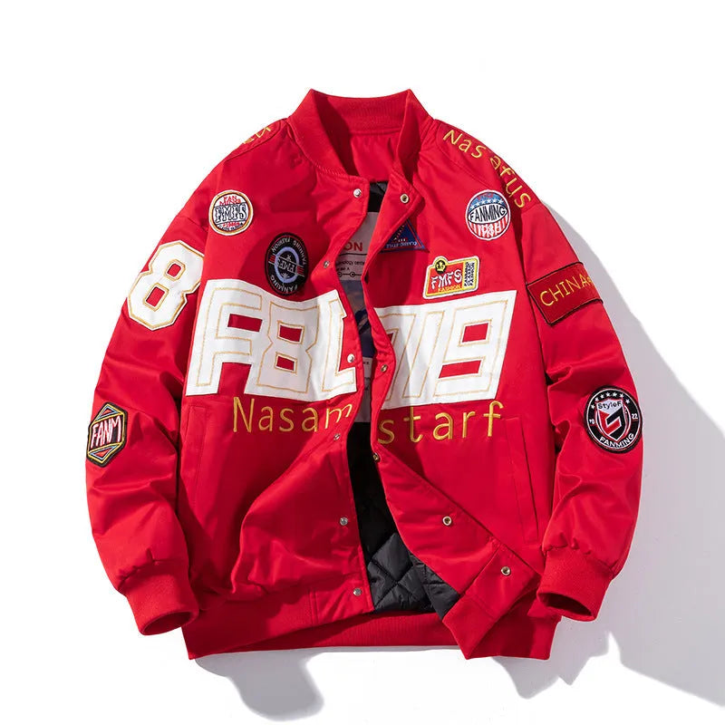 American motorcycle couple baseball jacket with cotton padding and side pockets in black colour