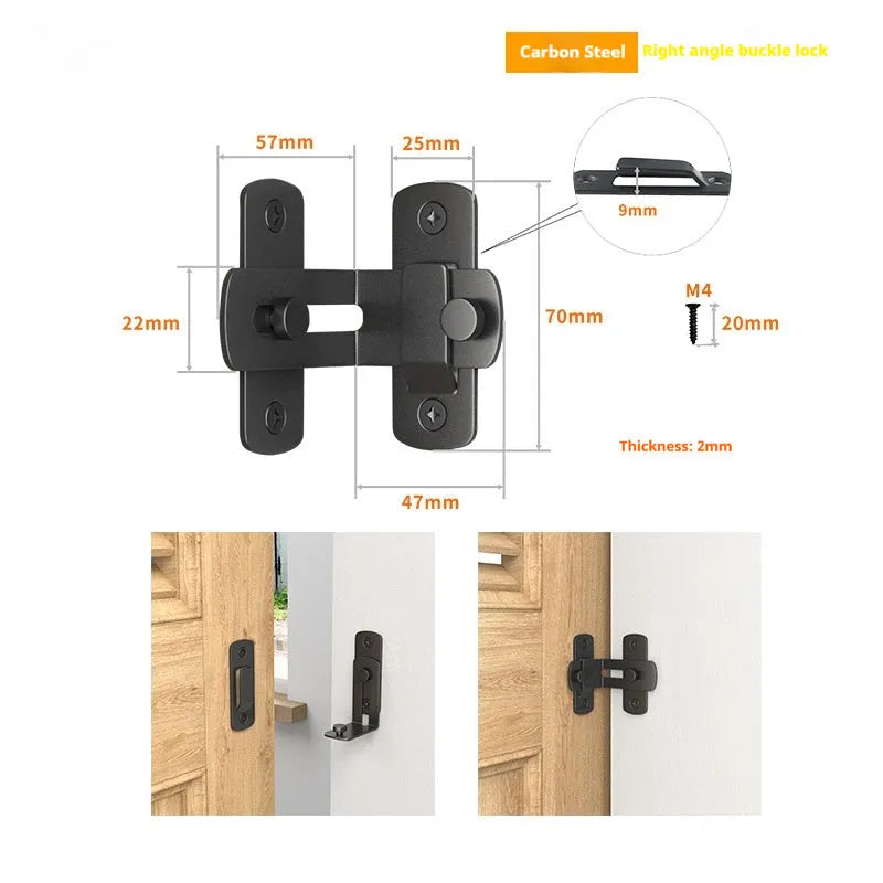 American style 90 degree barn door lock with flat shackle for sliding doors.