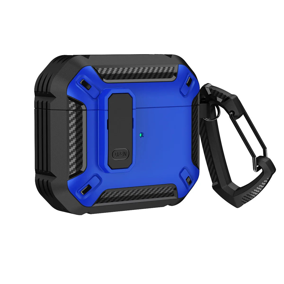 Two-tone black and yellow plastic AirPods protective case with a metal hook attached.