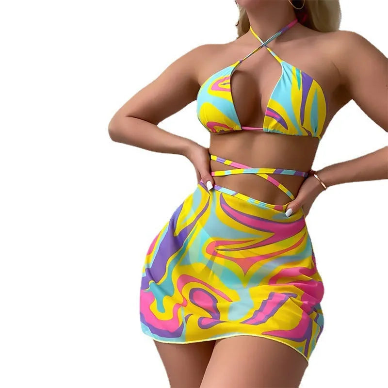 Yellow striped halter lace-up swimsuit with matching skirt and shorts set