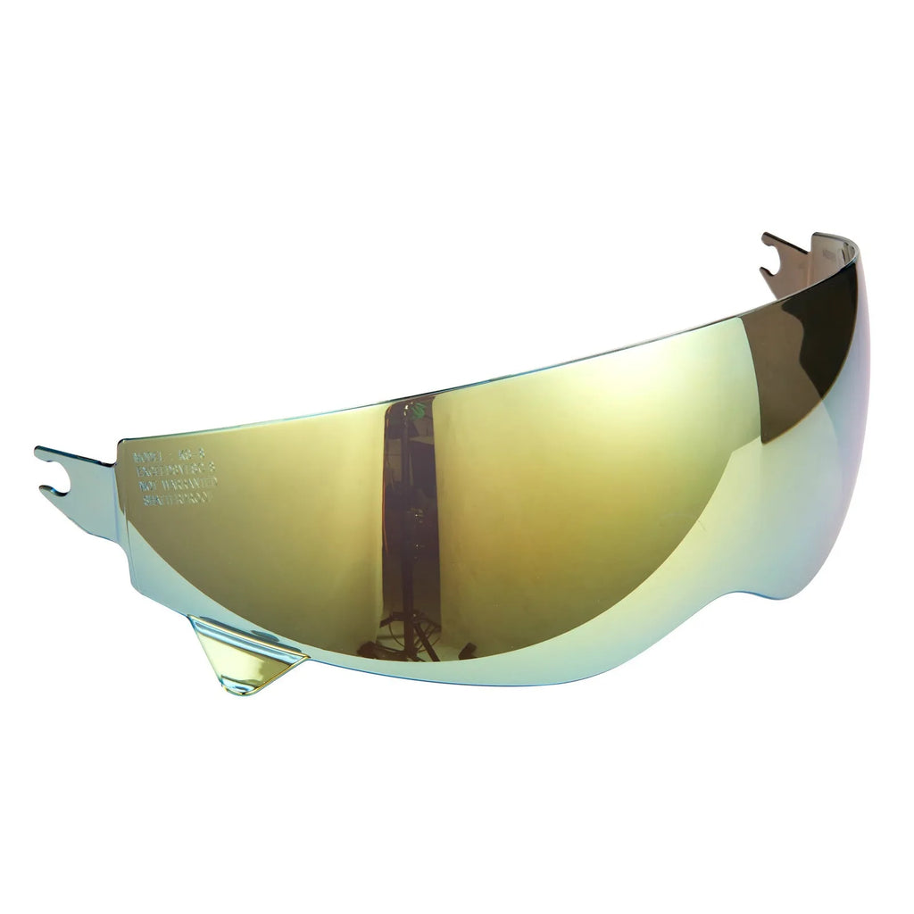 Motorcycle full face helmet lens in transparent, light black or electroplated colour, plastic eye protection accessory.