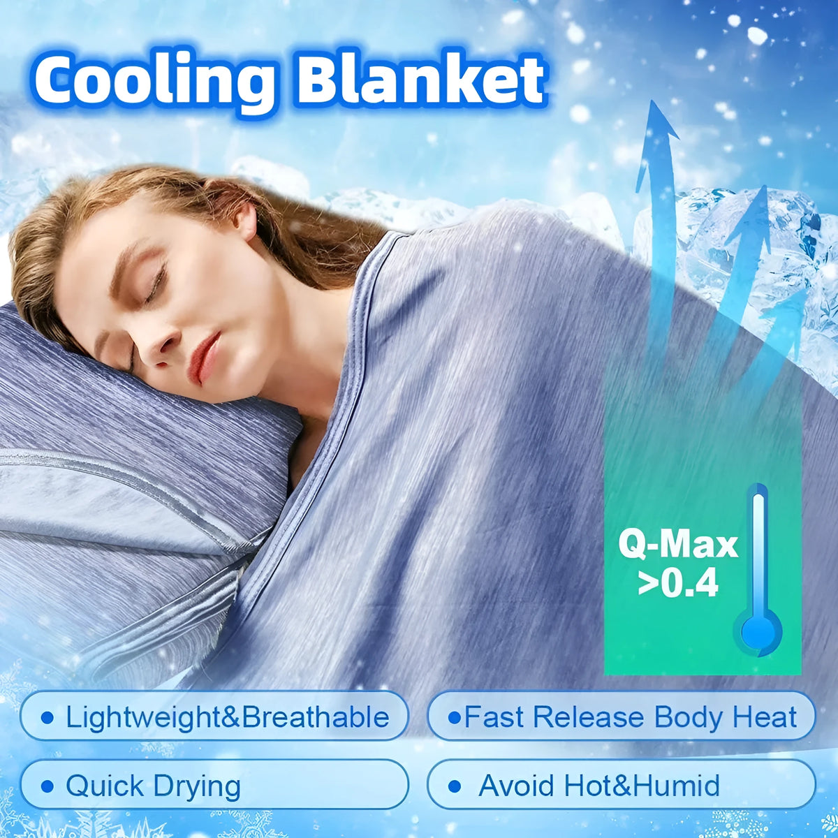 Blue cooling blanket with Japanese Q-Max fibres on a bed.
