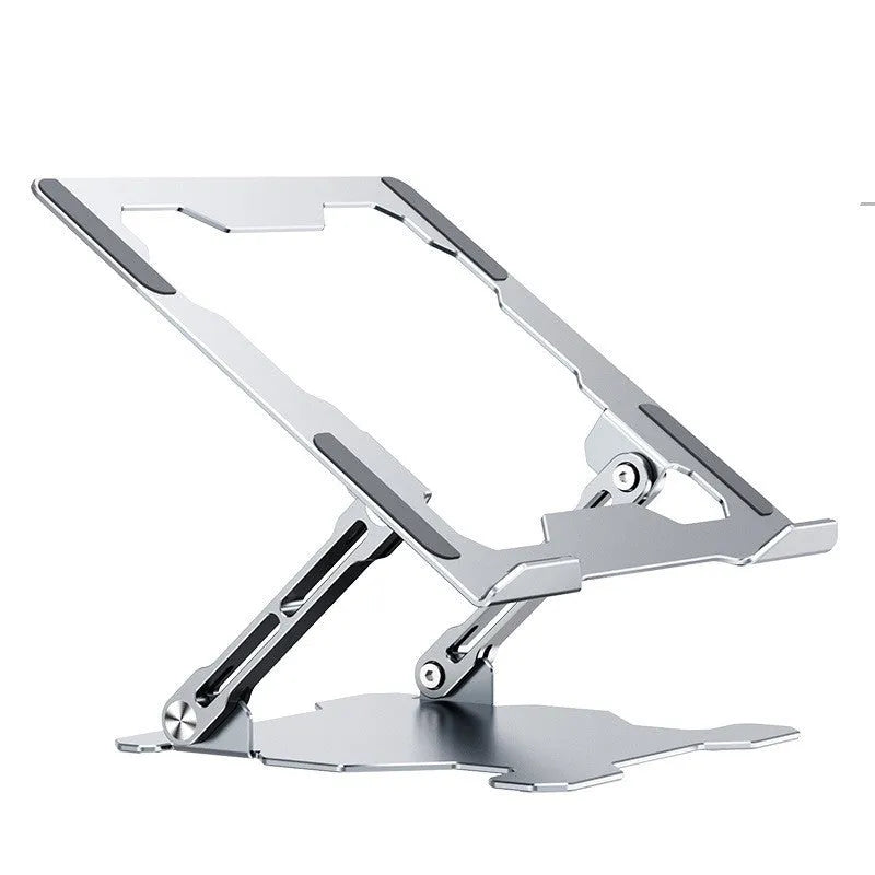 Grey aluminium adjustable laptop stand in folded and open positions, showing hollow design